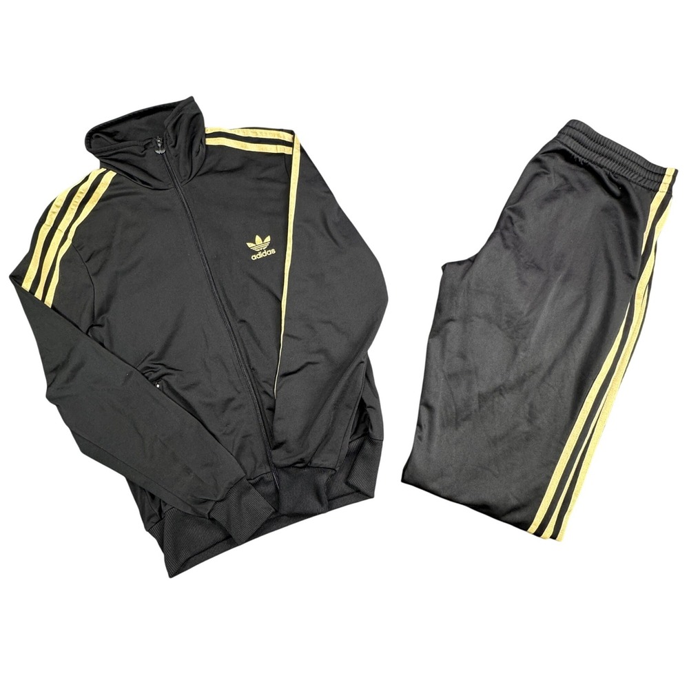 Adidas Tracksuit Mens L/M Black Gold Firebird Trefoil Full Zip Pants Set